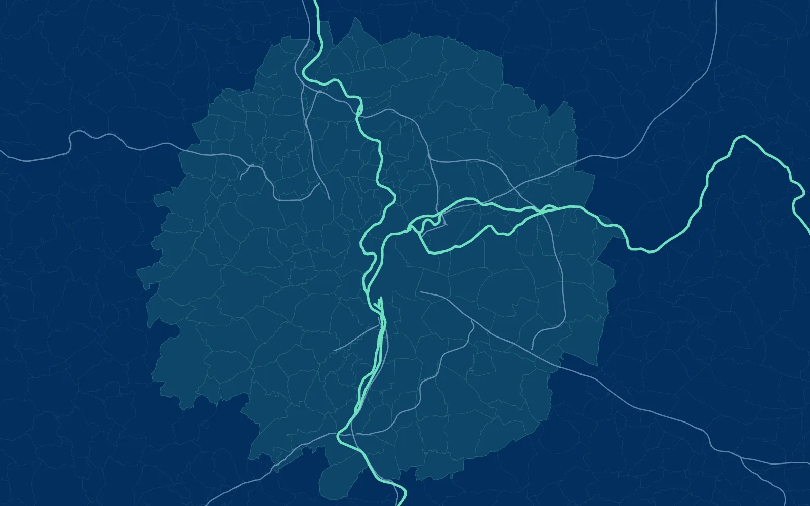 Carte de Lyon et des communes jusqu'à 25 km autour, avec le Rhône, la Saône et les autoroutes, Vaulx-en-Velin à l'est de Lyon